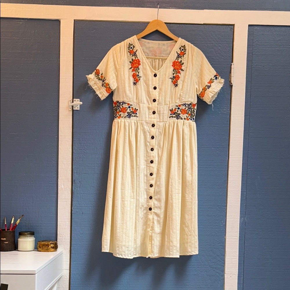 Embroidered Cream Dress with Floral Accents